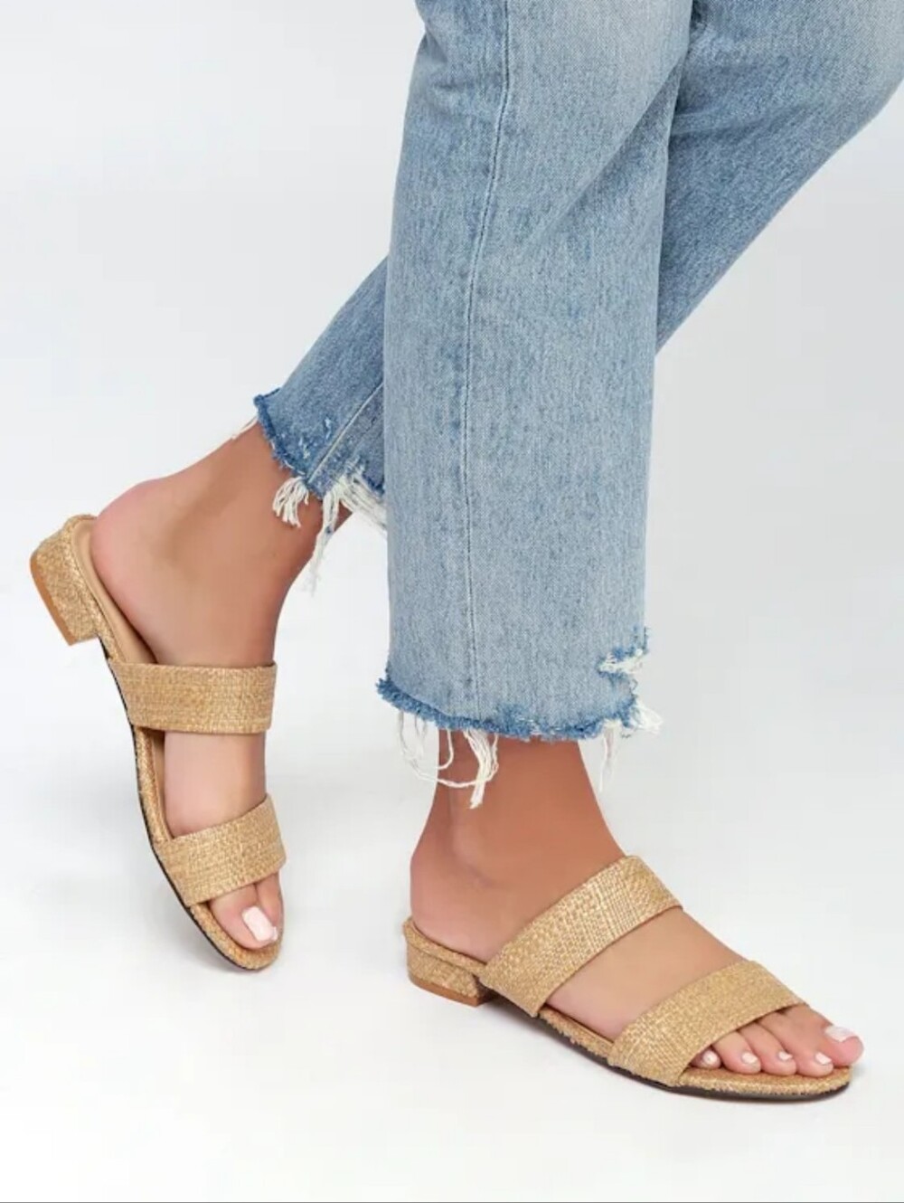 Lulus Decker Slide Sandals Size 10 Natural Woven Double Strap Modest Block Heel